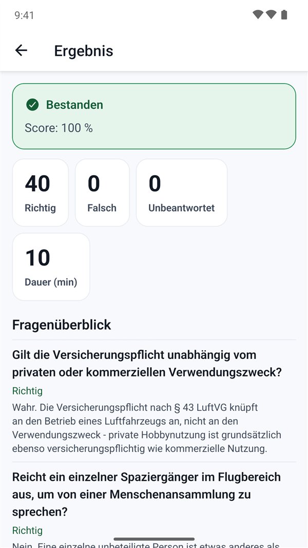 Ergebnis einer bestandenen Prüfungssimulation